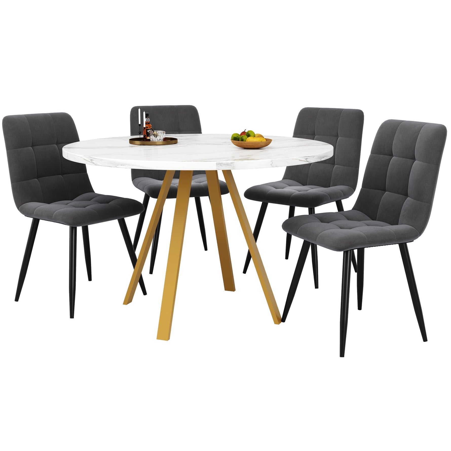 Dining Table Set 5-Piece Round 80x80x75 cm 4 Velvet Chairs, White Marble/Grey