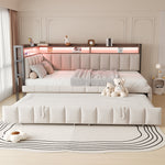 Upholstered Sofa Bed 90x200cm Pull-Out LED Storage USB/Type-C Beige Velvet