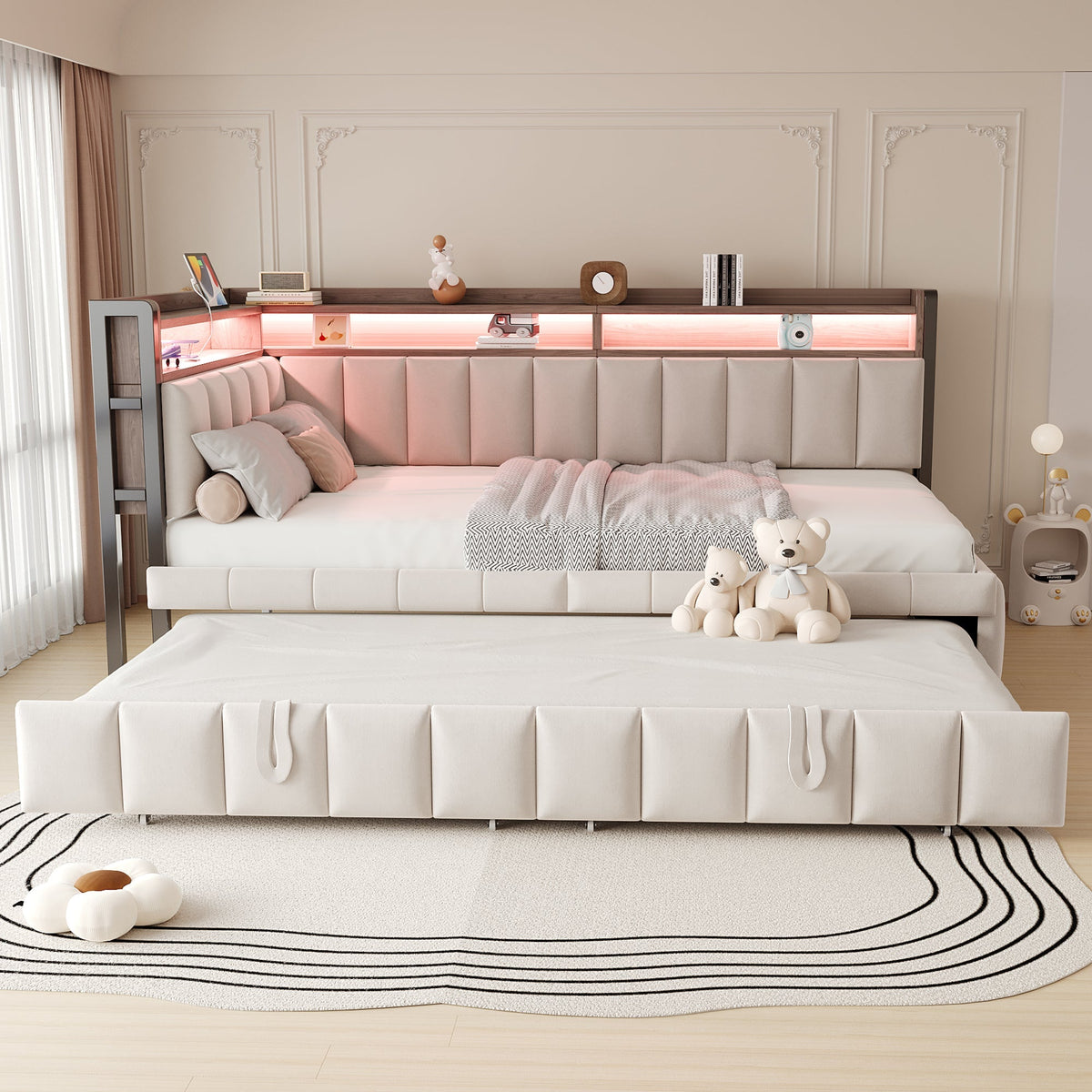 Upholstered Sofa Bed 90x200cm Pull-Out LED Storage USB/Type-C Beige Velvet