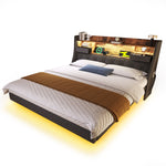 Upholstered Bed 160x200 Floating with LED, Charging Station, Storage Headboard Linen, Grey