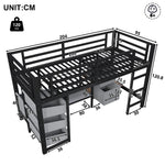 Mid-Height Bed with LED Lighting and Fabric Storage, 90x200 cm, Black Metal