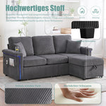 Velvet Sofa LED USB-C Storage Footrest Cup Holders, Dark Grey