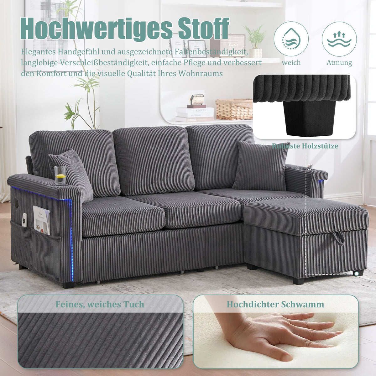 Velvet Sofa LED USB-C Storage Footrest Cup Holders, Dark Grey