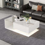 Coffee Table with Glass Top & Drawers, LED Lighting, High-Gloss White
