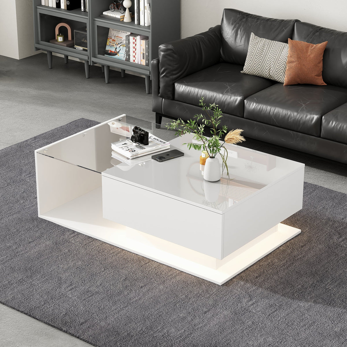 Coffee Table with Glass Top & Drawers, LED Lighting, High-Gloss White