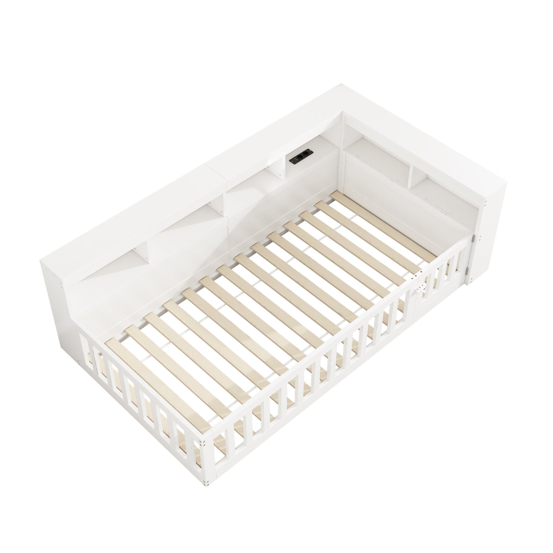 Daybed with Storage Compartment, USB Port and Slatted Base, White Chipboard
