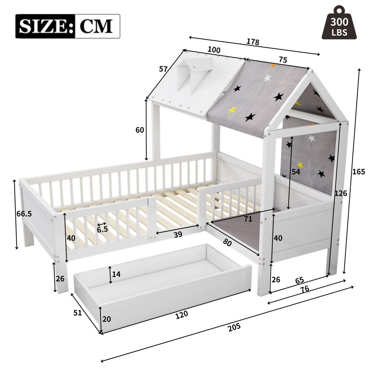 House Bed Single Multifunctional Tent Drawers 90x200cm - White Wood