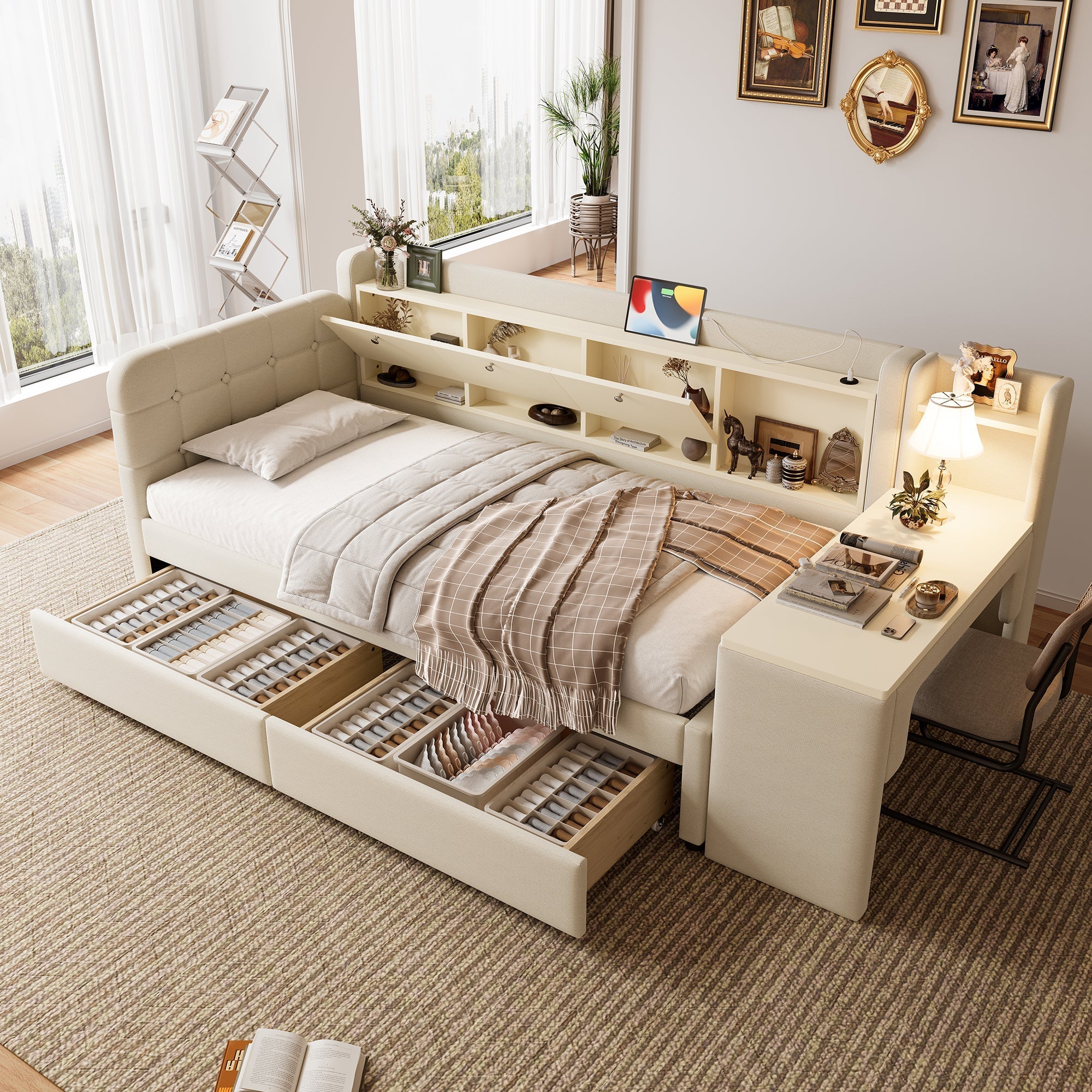 Daybed with Desk and Drawers, USB Ports and Storage, Beige Linen
