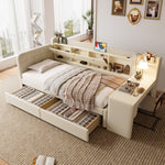 Daybed with Desk and Drawers, USB Ports and Storage, Beige Linen