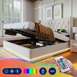 Upholstered Double Bed with Hydraulic Storage, USB and LED, 180x200cm, Beige Cotton