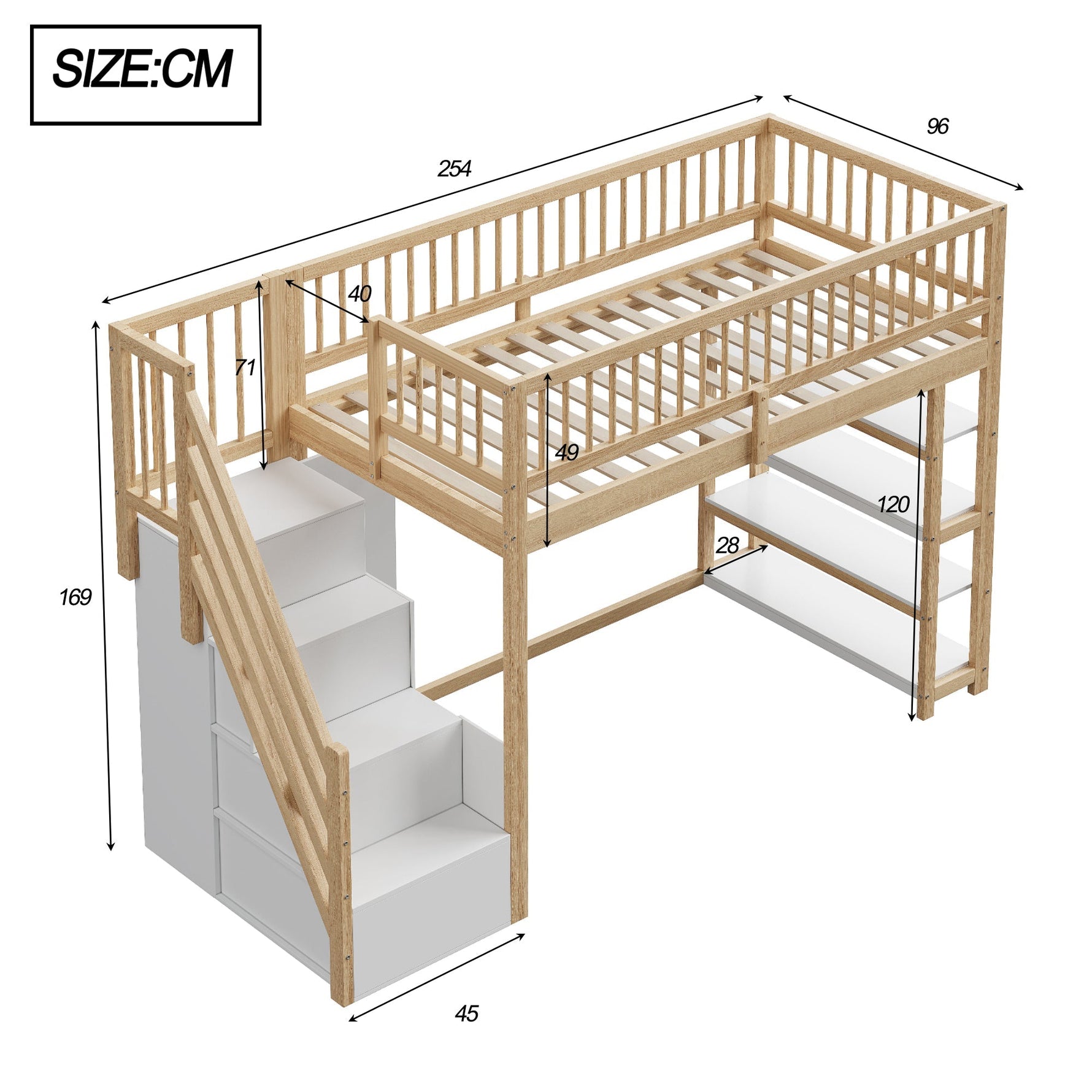 Loft Bed 90x200 High Fence Safety Design Storage Wardrobe, Solid Wood Color
