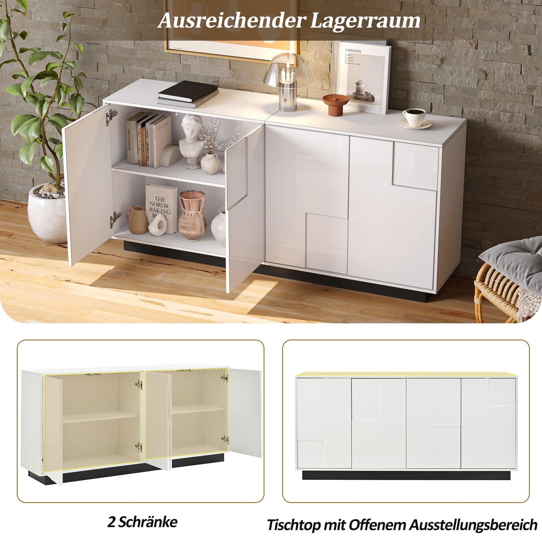 Sideboard 160cm High-Gloss 4 Doors Storage Geometric Design - White/Black