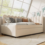 L-shaped Upholstered Bed, Sofa Bed 140x200 cm, Floral Backrest, Pull-Out Bed, Beige Velvet