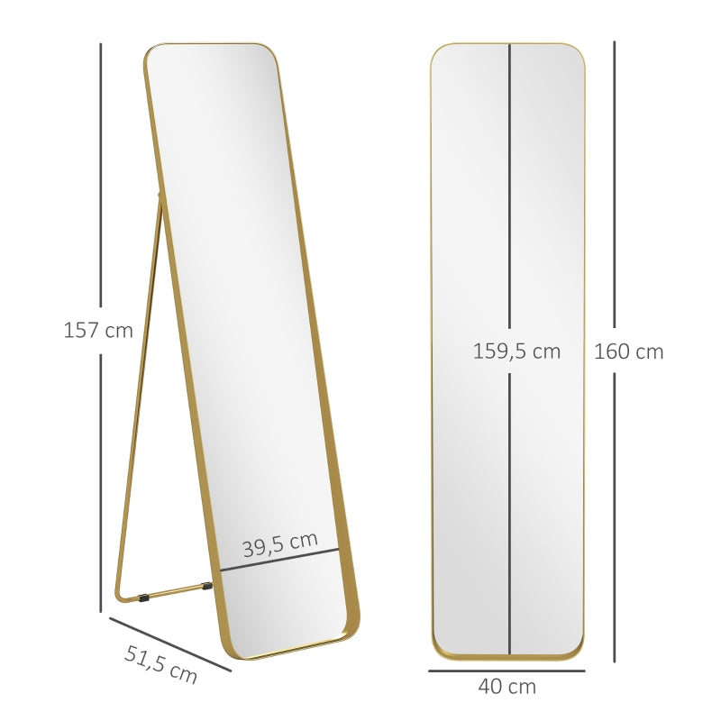 Full Length Mirror, 160 x 40 cm, Standing, Metal Frame, Gold