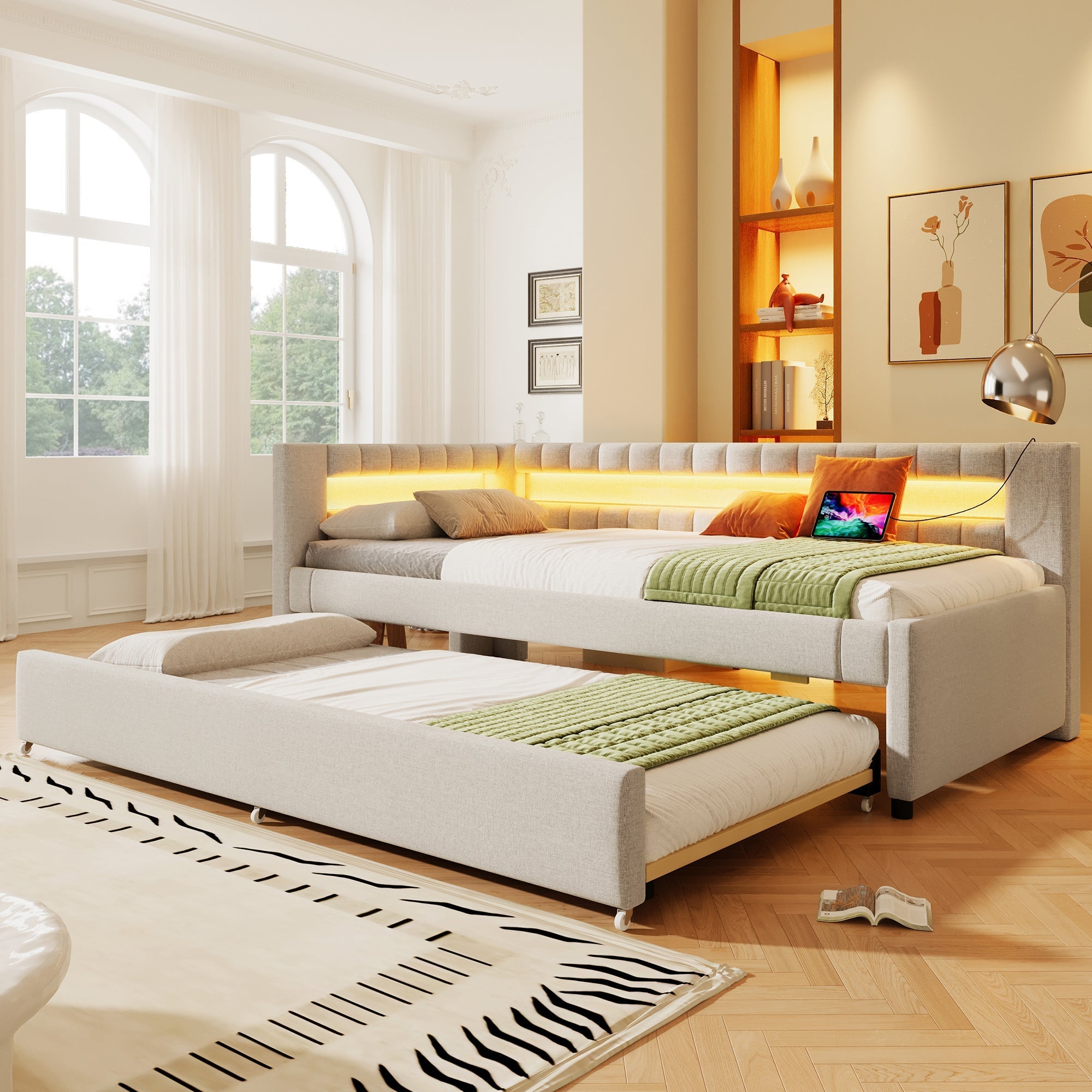 Daybed with LED Light Strip and Pull-out Bed, USB + Type-C, Beige Linen