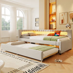 Daybed with LED Light Strip and Pull-out Bed, USB + Type-C, Beige Linen