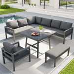 L-Shaped Garden Sofa Set Handwoven 8-Seater Iron Frame Table 2 Armchairs - Grey