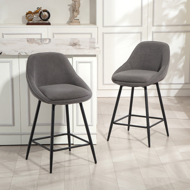Set of 2 Bar Stools, Upholstered for Kitchen Island & Dining Room, Corduroy & Steel, Grey