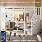 Wooden Loft Bed with Wardrobe, Desk, Storage Stairs, LED and Sockets, 90x200cm, White Pine + MDF