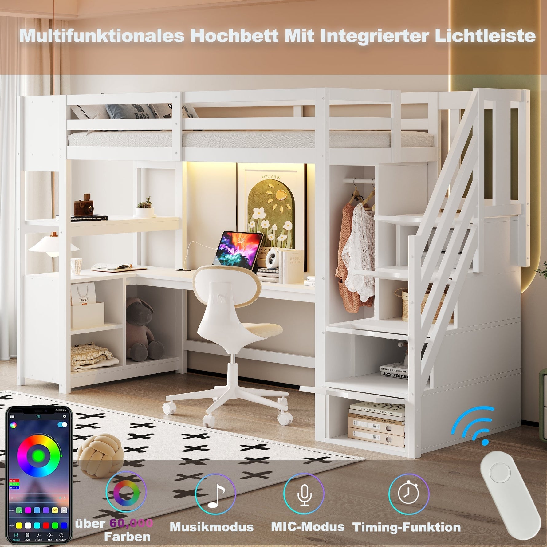 Wooden Loft Bed with Wardrobe, Desk, Storage Stairs, LED and Sockets, 90x200cm, White Pine + MDF