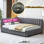 Upholstered Bed/Sofa Bed 140x200 LED Light USB Port Velvet Fabric, Grey