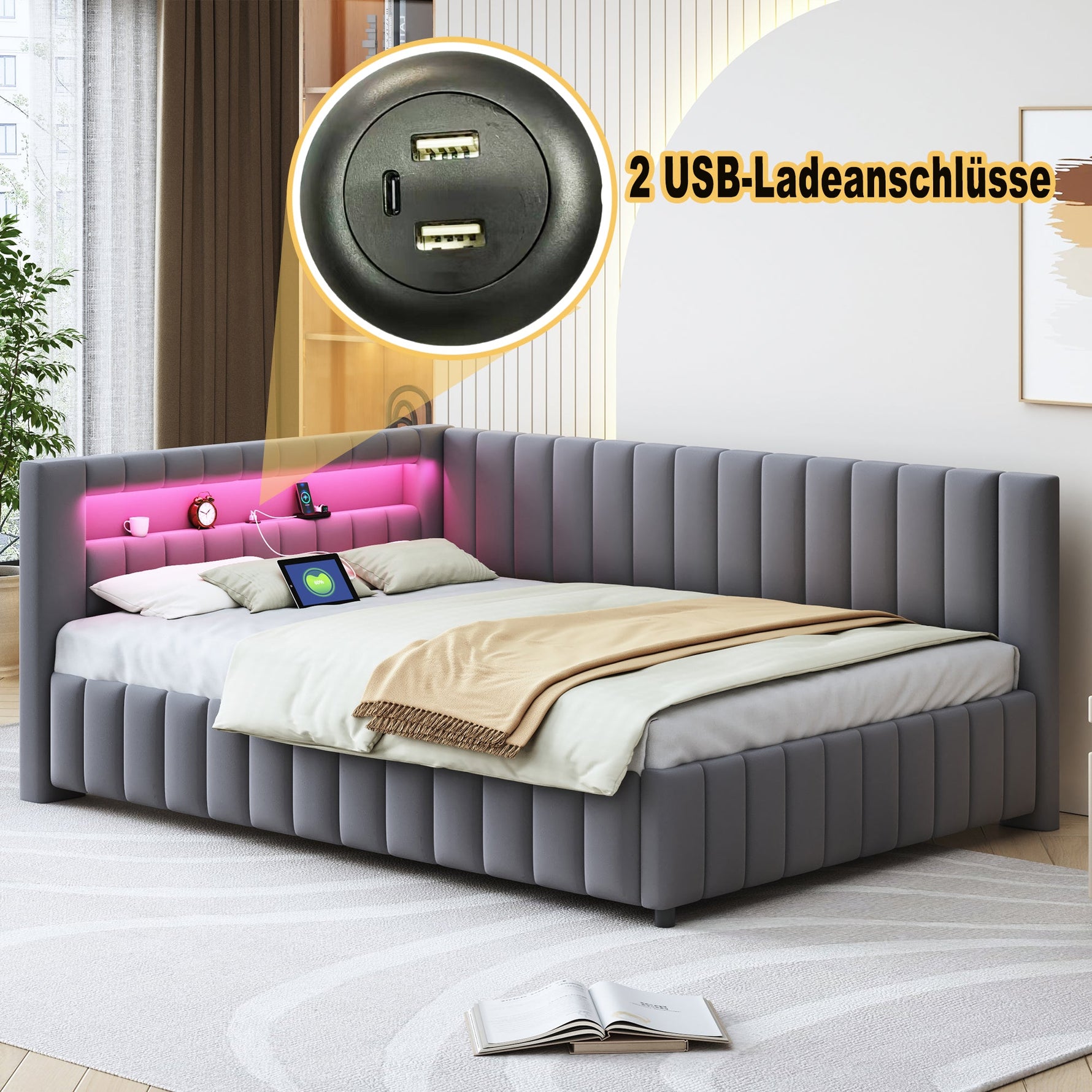 Upholstered Bed/Sofa Bed 140x200 LED Light USB Port Velvet Fabric, Grey