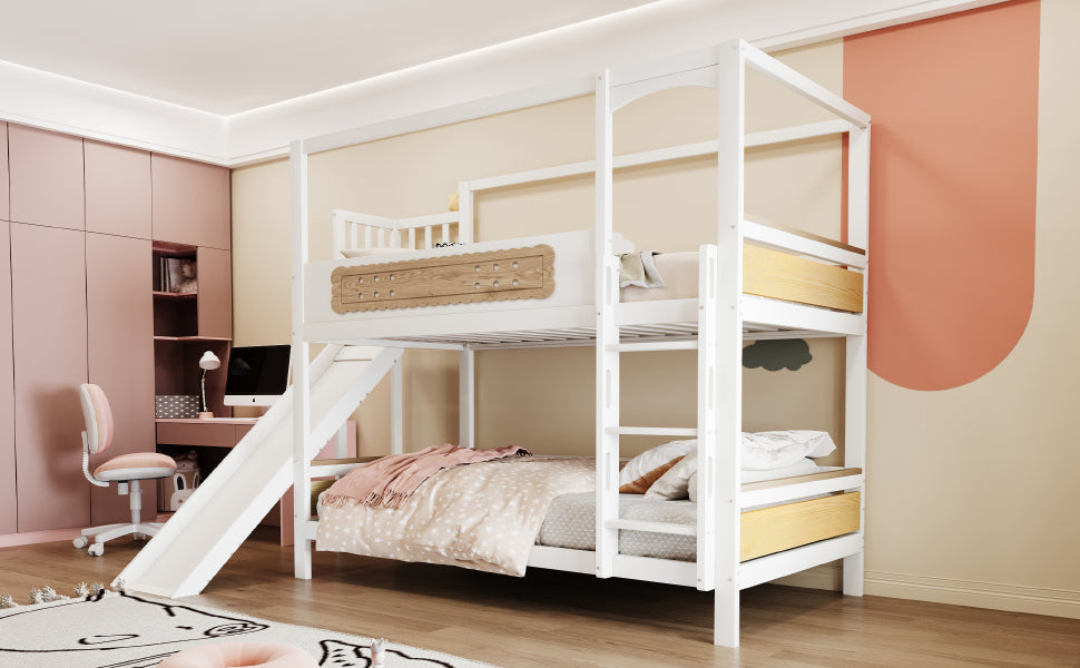 Children's Bunk Bed 90x200 with House Frame & Slide, Wood Color