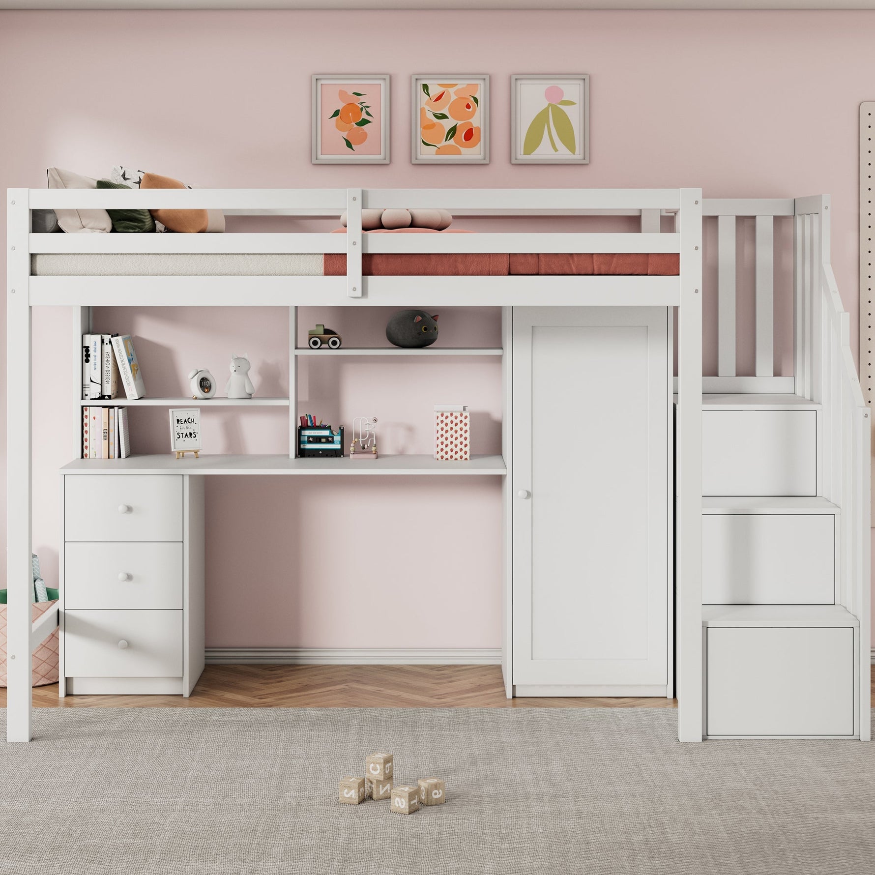 Bunk Bed 90x200cm with Desk, Wardrobe, Stair Storage - White