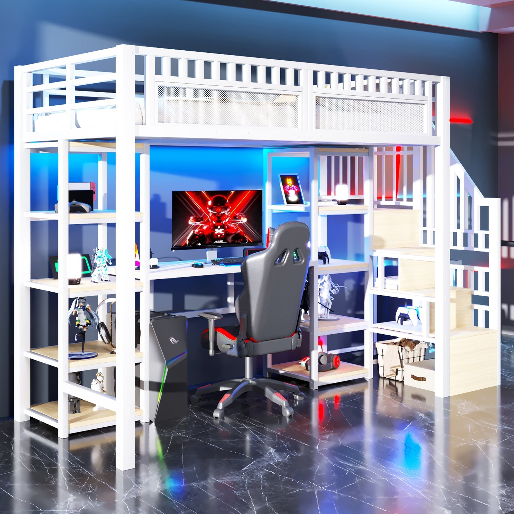 Loft Bed with Desk, Storage Ladder and LED Light Strip, White Metal Frame