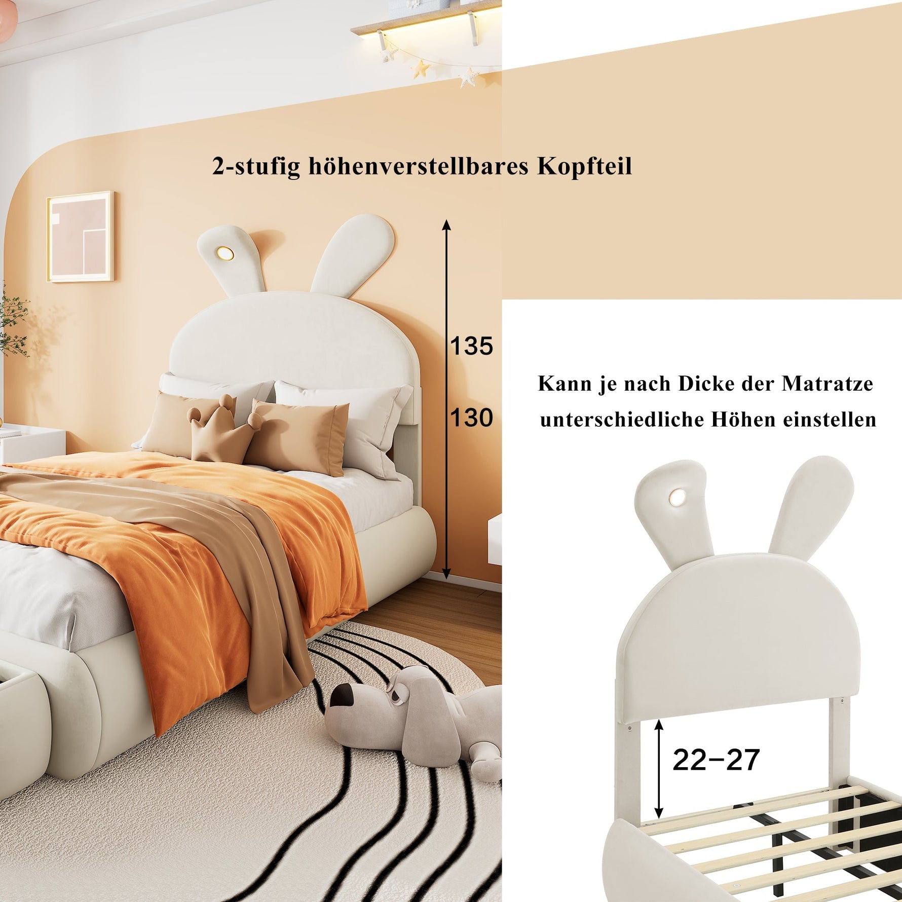 Upholstered Single Bed, Bunny Ears LED Light Storage Stools, Velvet Beige, 90x200cm