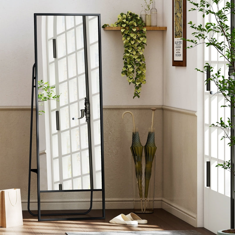 Full-Length Mirror, Industrial Design, Rear Shelf, 2 Hooks, Metal, Black