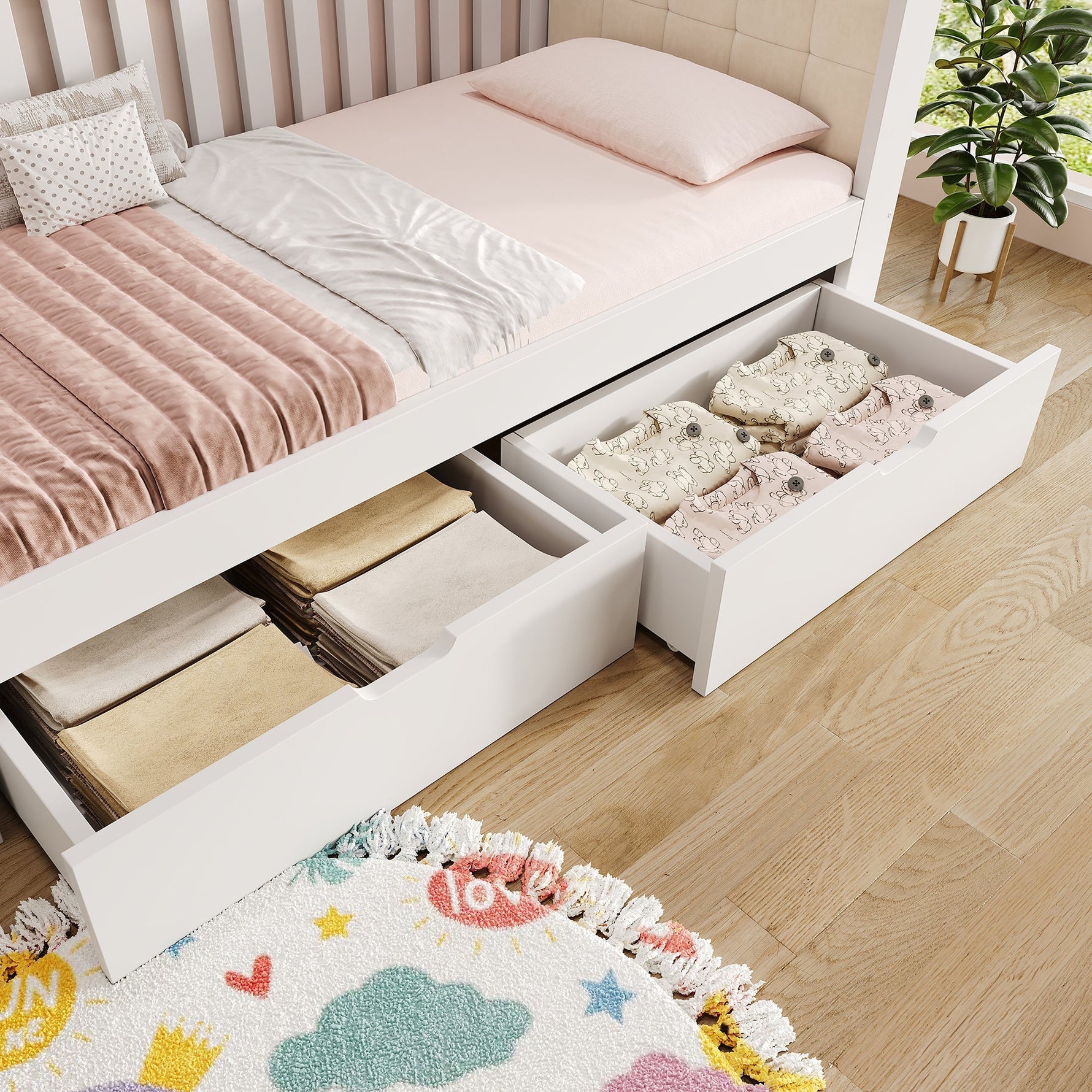 Sofa Bed with 2 Drawers and Rounded Armrests, 90x200cm, White Wood