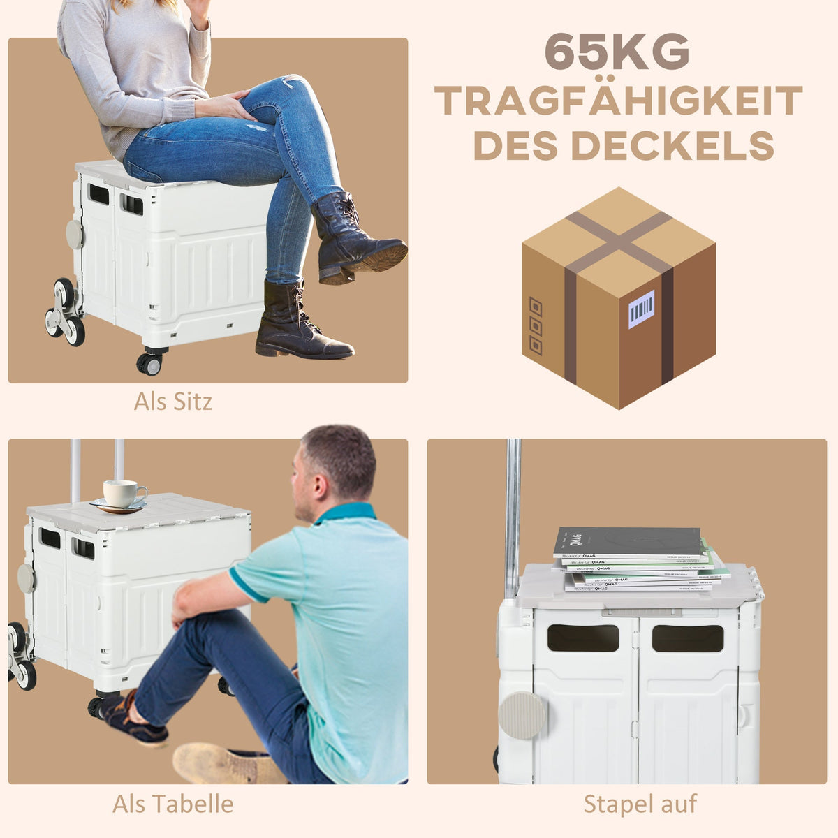 Folding Shopping Trolley, Adjustable Telescopic Handle, Stair Climber 80 kg, with Lid, White