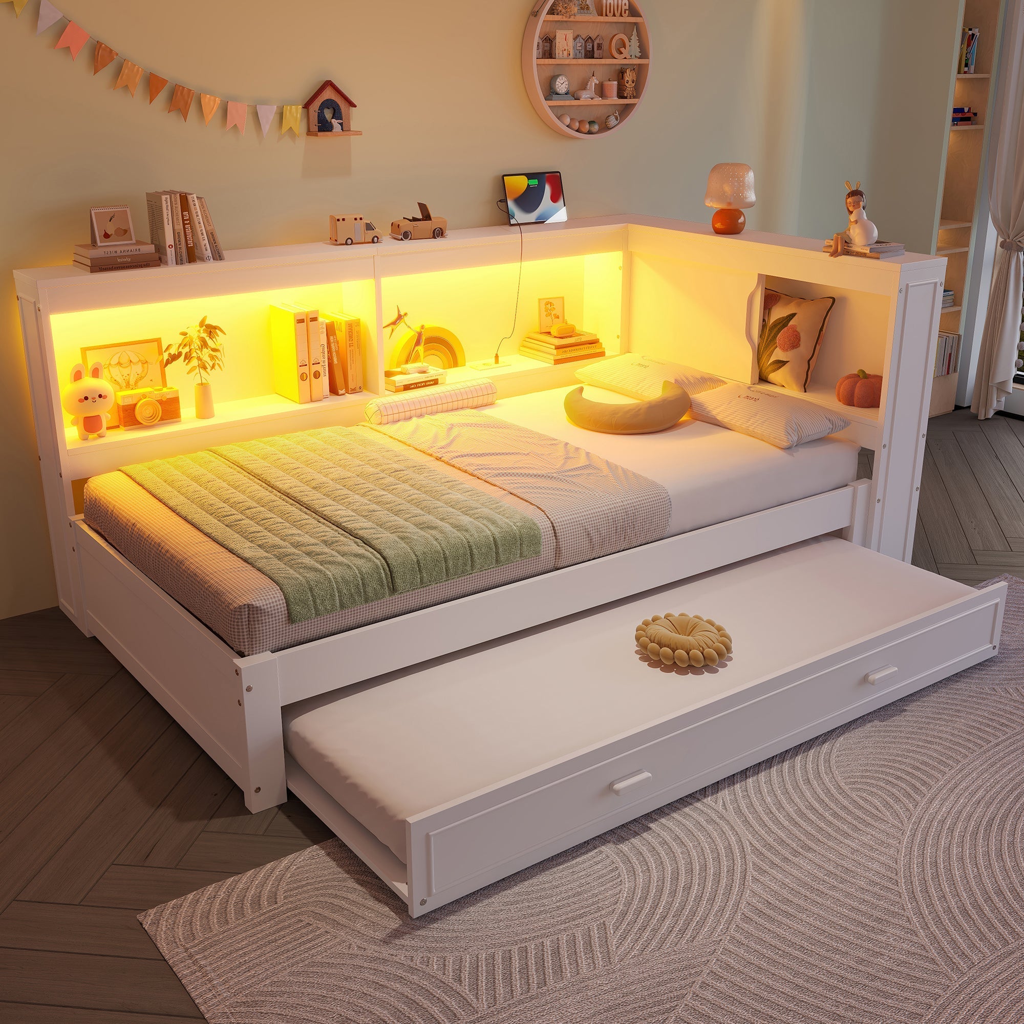 Daybed Sofa Bed, 90x200cm Pull-out LED/USB/Type-C Port, White
