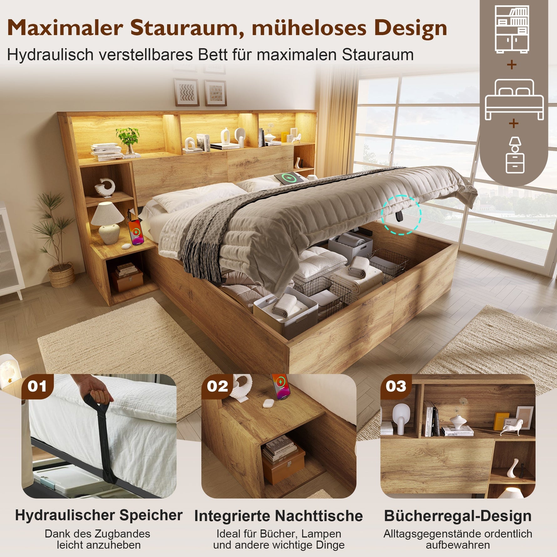 System Bed 180x200cm with Hydraulic Storage, Integrated Bedside Tables, Headboard Shelf, LED and USB-C, Oak Wood Look