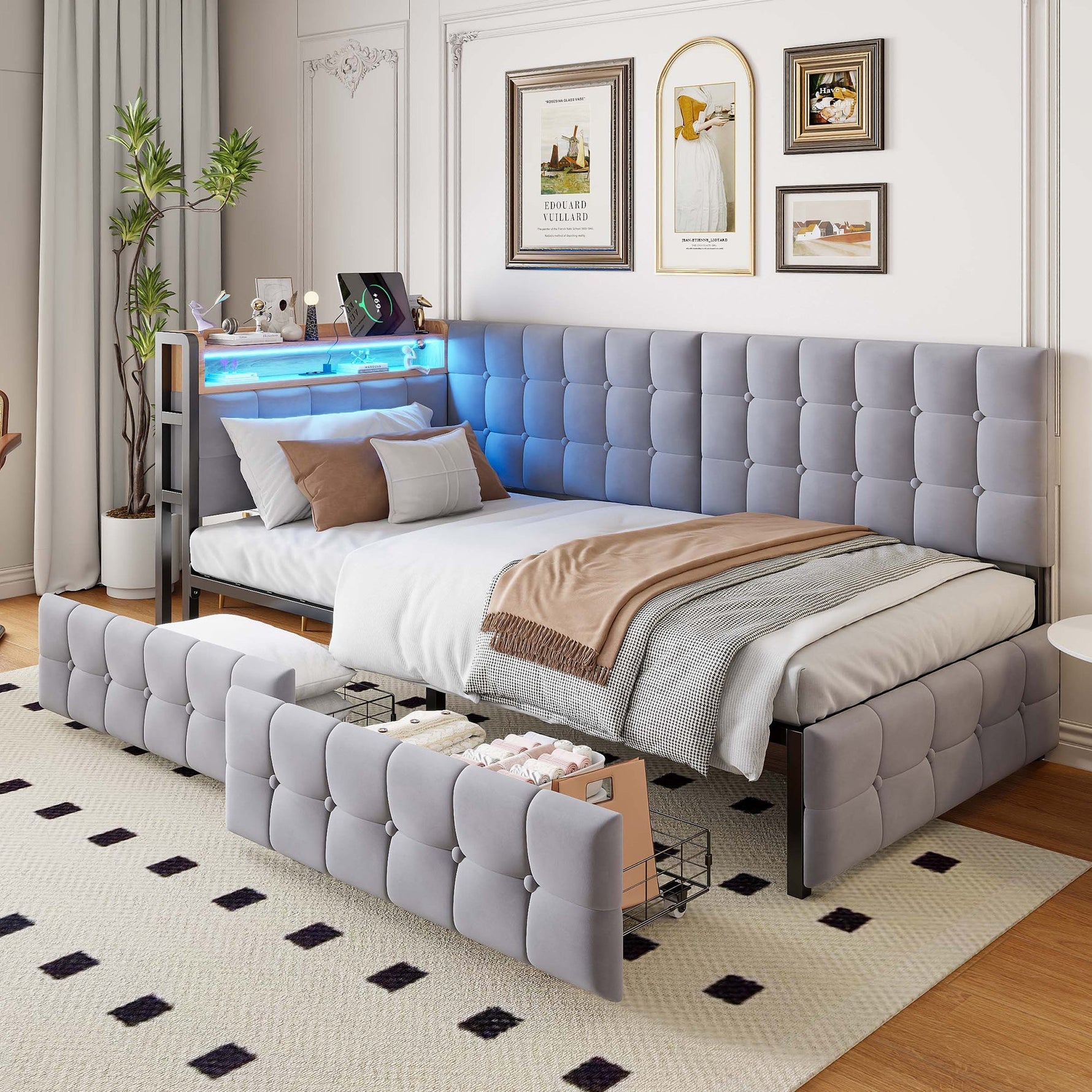 Upholstered Sofa Bed 90x200cm Drawers LED USB Grey