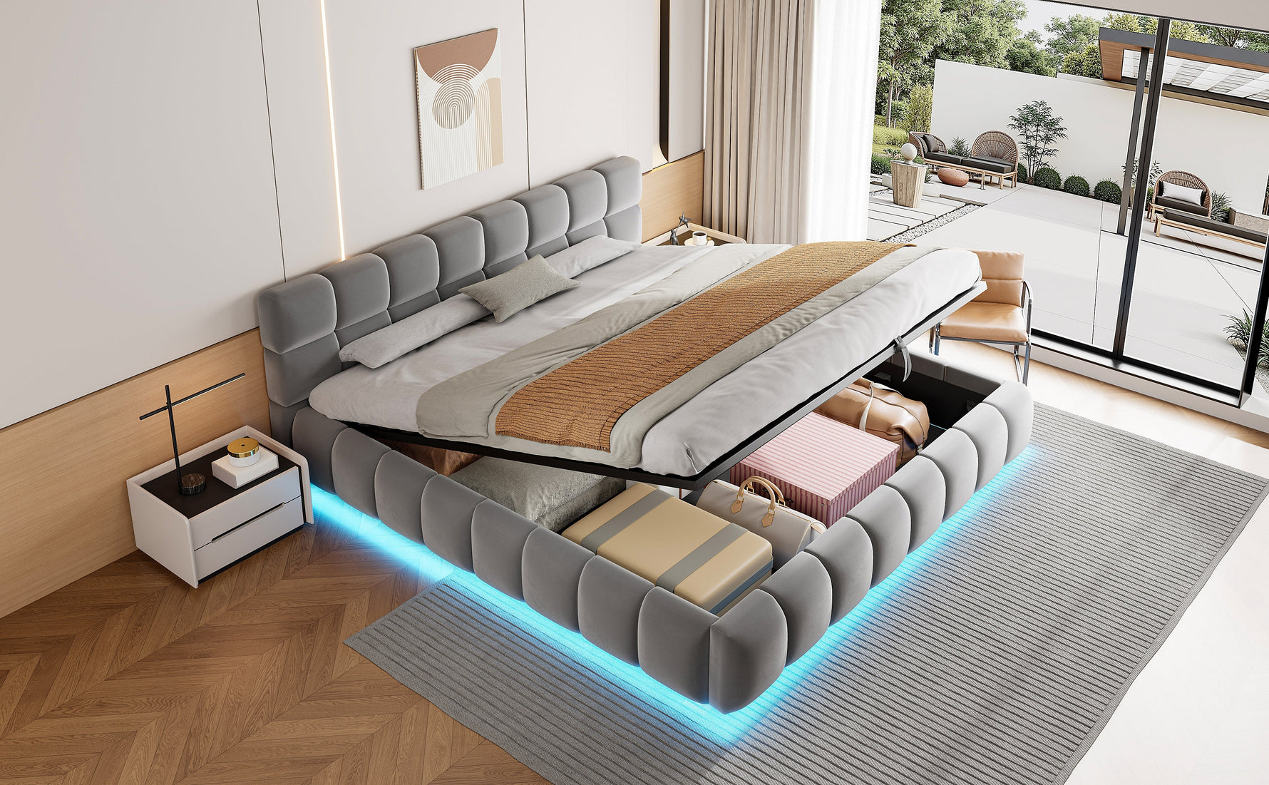 Upholstered Double Bed with Light Strip and Hydraulic Storage, 180x200cm, Grey Velvet