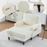 Chenille Fabric Lounger with Side Pockets and Wooden Legs, Modern Minimalist