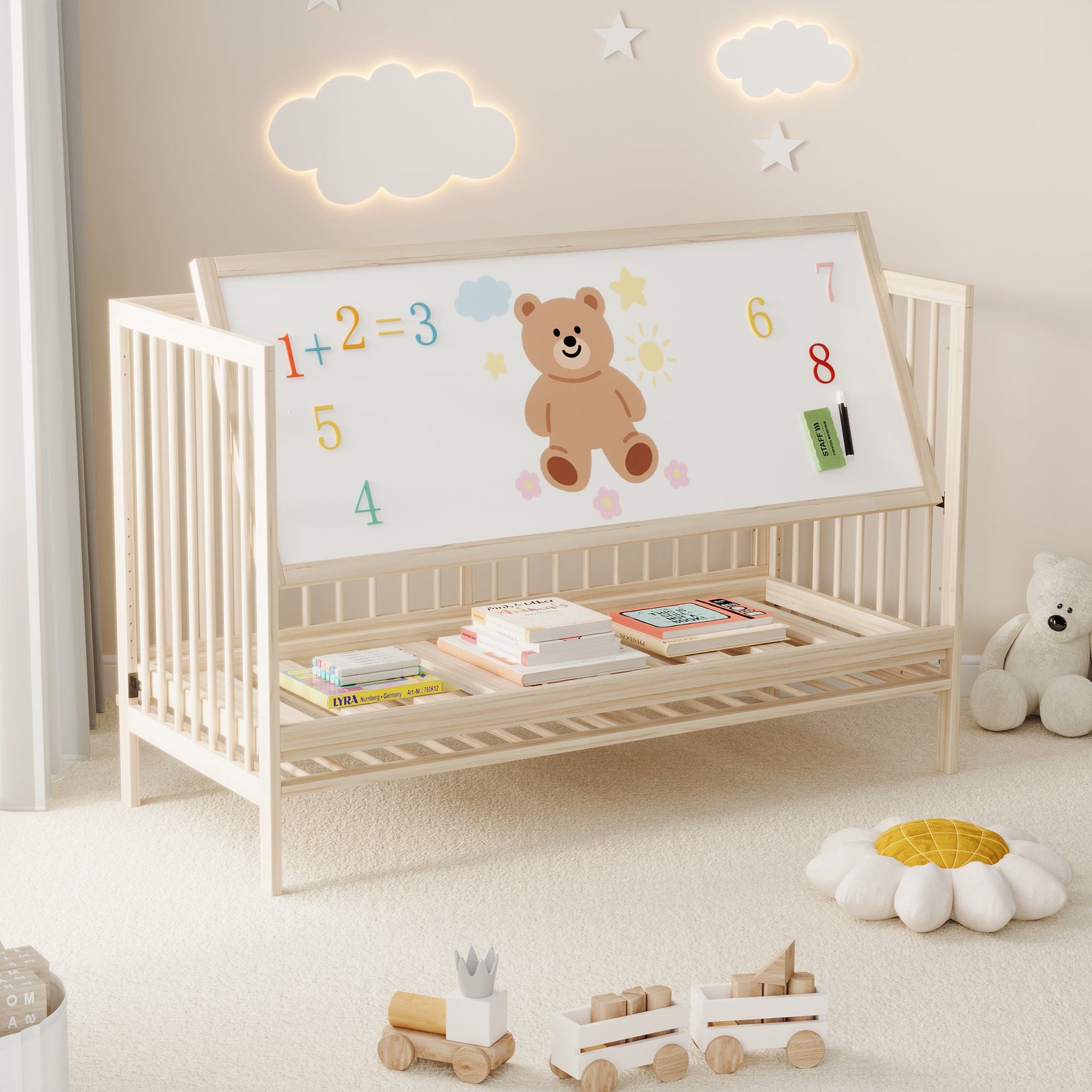 Children's Combination Furniture: Multifunctional Baby Bed, Wardrobe & Rotating Bookcase, Natural Colors