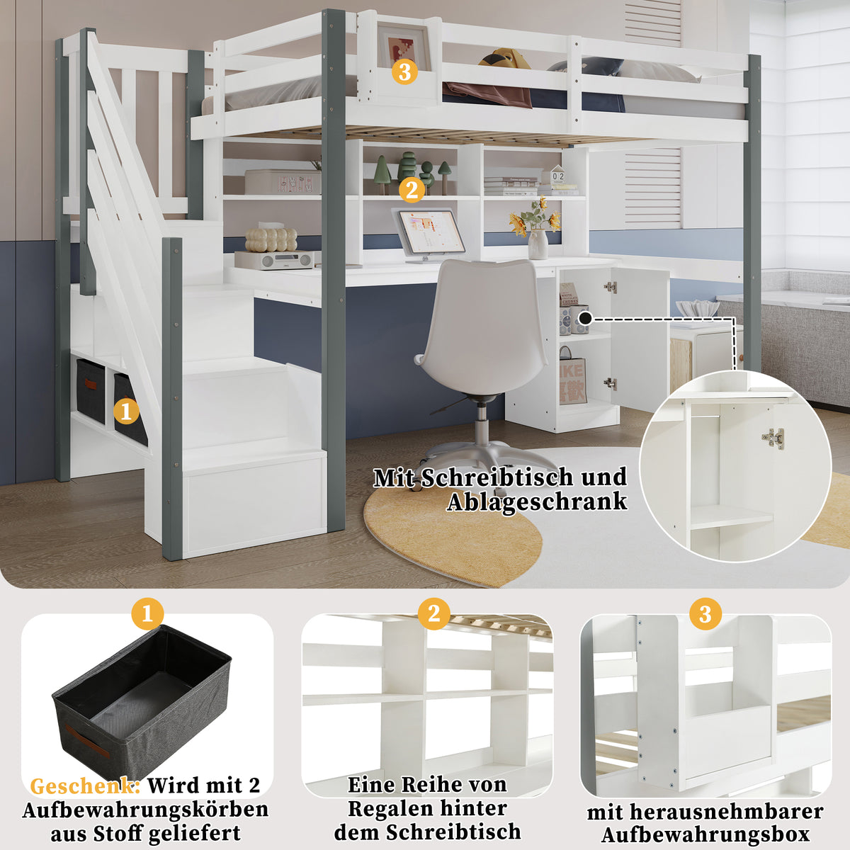 Mid-Height Bed 90x200cm with Desk, Storage & Ladder, White & Grey