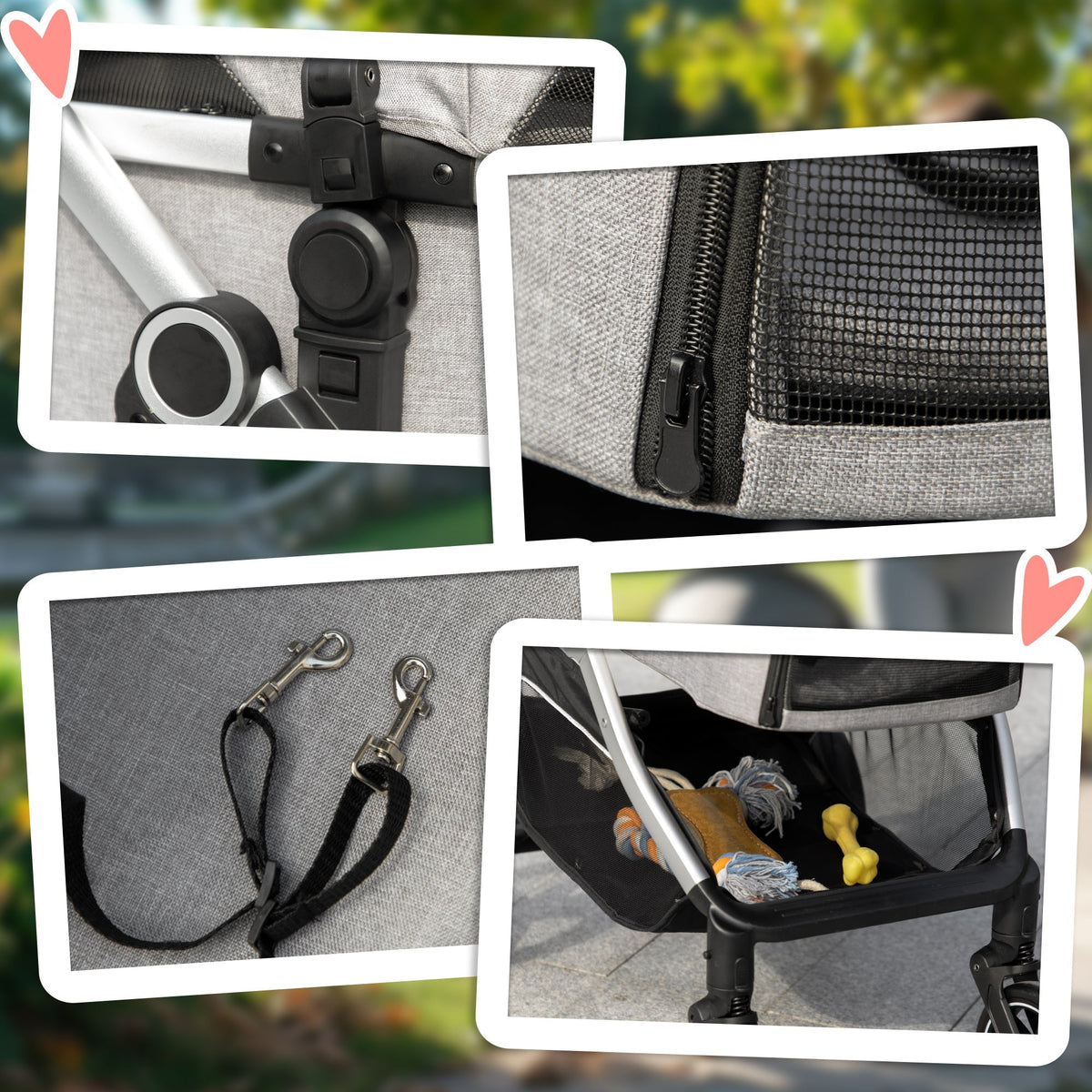 Dog Stroller 2-in-1 Foldable, Brakes, Mesh Window, Light Grey