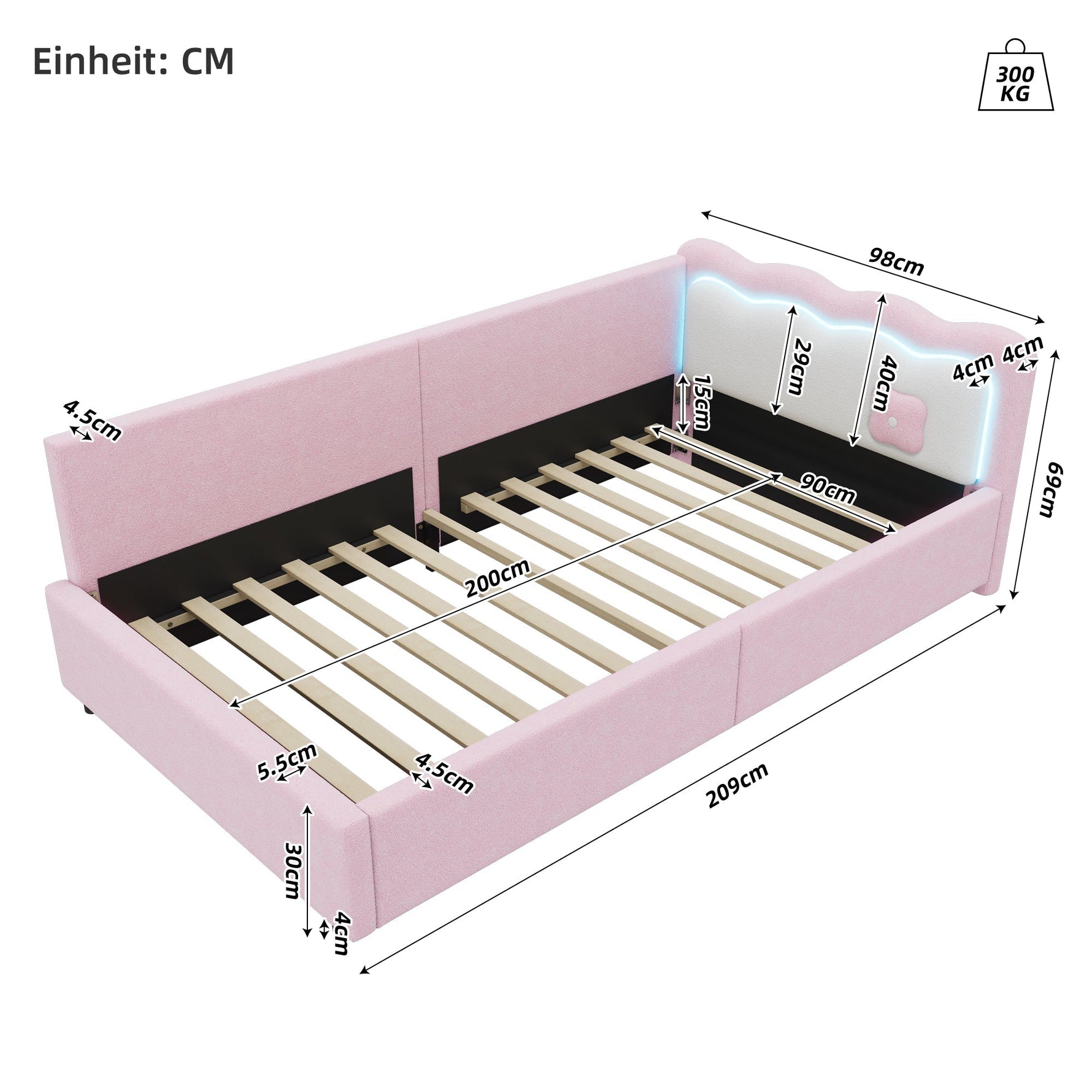 Daybed Sofa Bed with LED Ambient Light and Slatted Base, Pink Imitation Fleece