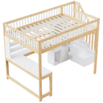 Loft Bed with Desk, LED Lights and Storage Shelves, 140x200cm, White and Natural