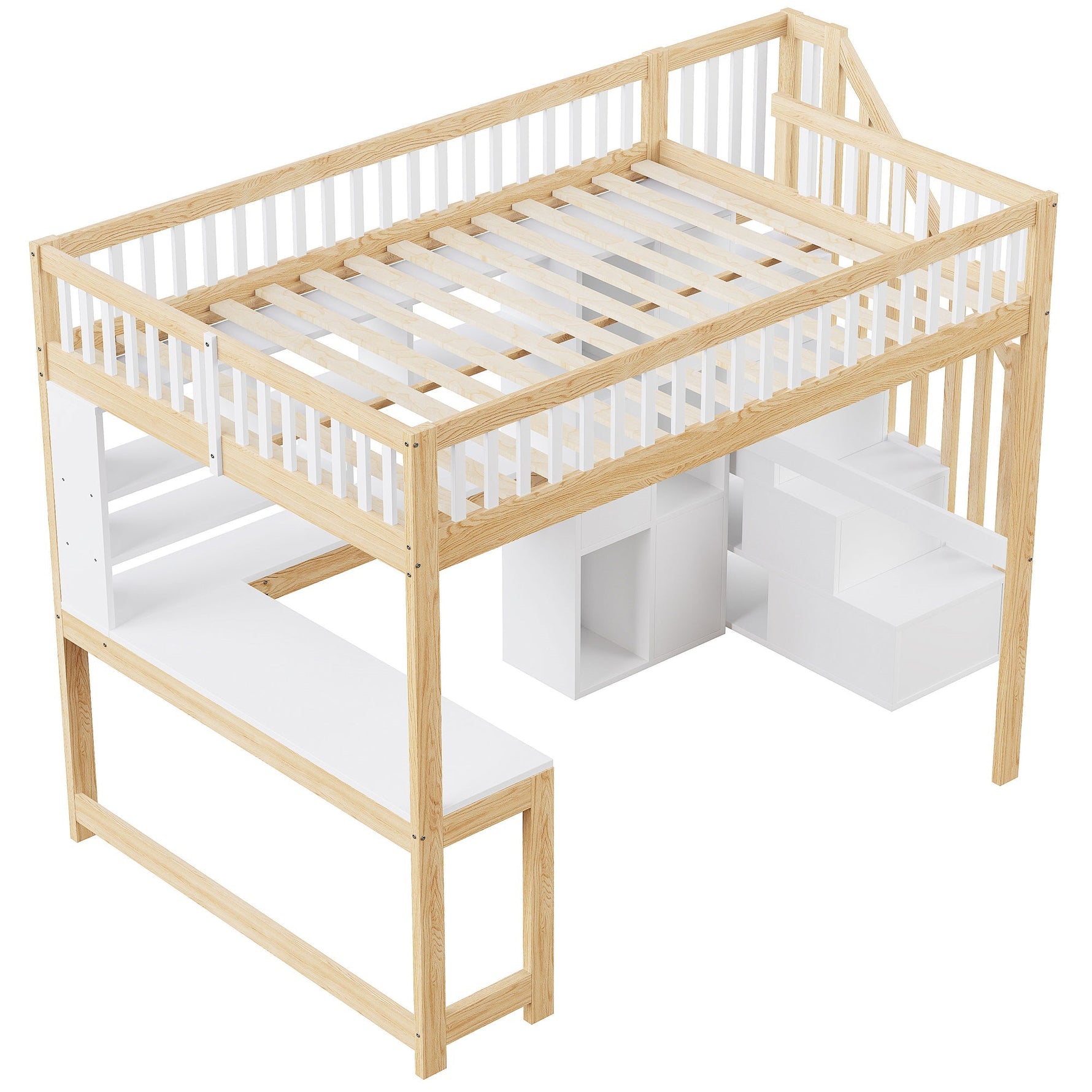 Loft Bed with Desk, LED Lights and Storage Shelves, 140x200cm, White and Natural