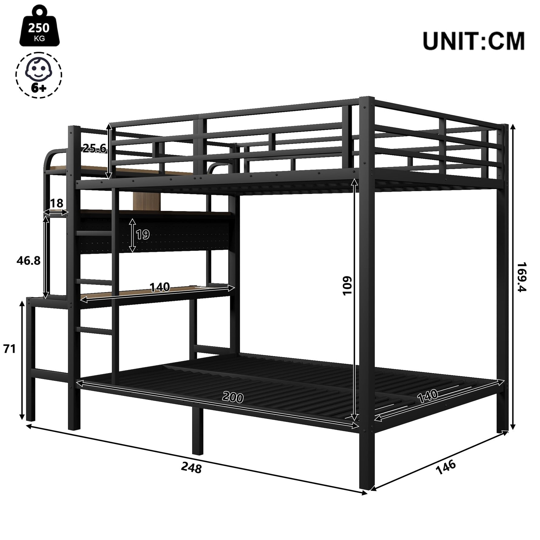Bunk Bed with Desk, Storage, LED Light and USB Port, 140 x 200 cm, Black Iron