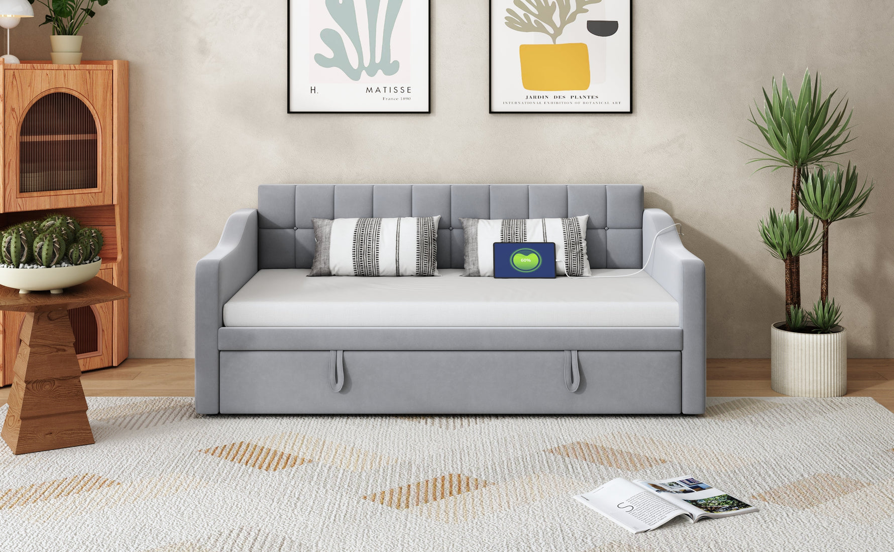 Upholstered Bed Sofa, 2-in-1 Multifunctional with Socket & Storage Bag, Light Grey Velvet