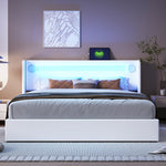 Multifunctional Upholstered Bed with LED Lighting, Bluetooth and USB Storage, White PU Leather
