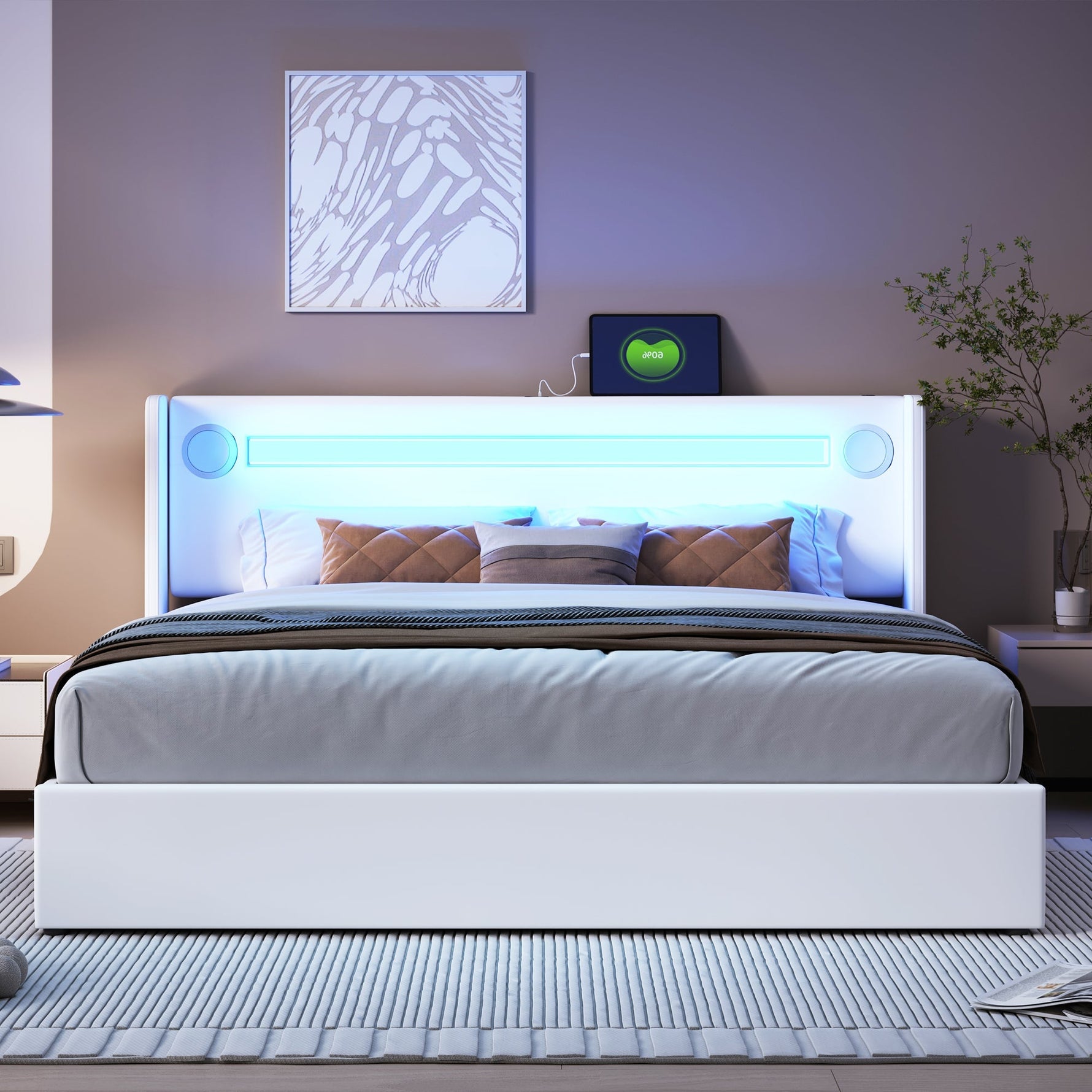 Upholstered Bed 160x200 with LED, Bluetooth, USB, Storage, PU Leather White
