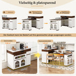Kitchen Island Mobile Extendable Table Power Strips Ribbed Glass Storage - White/Walnut