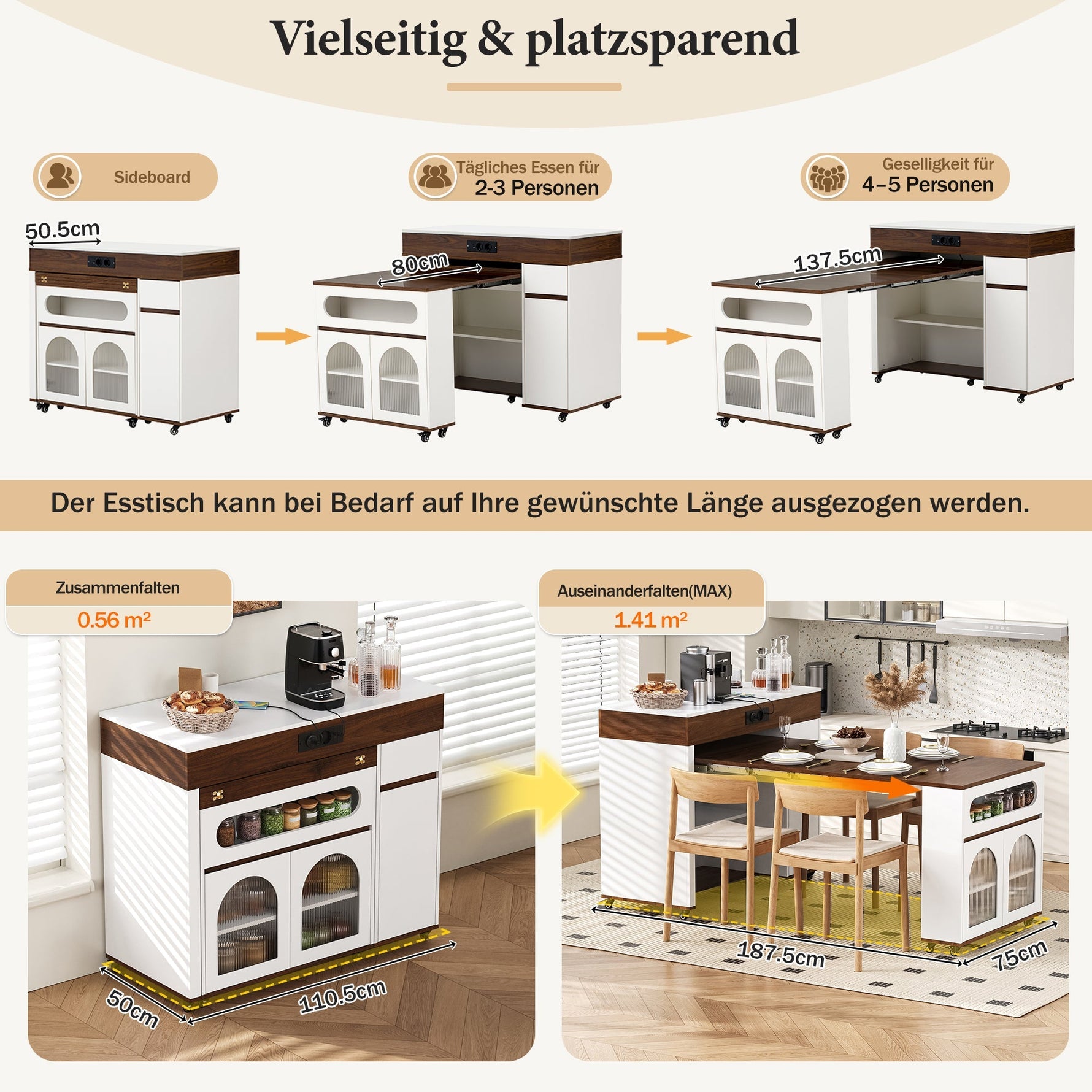 Kitchen Island Mobile Extendable Table Power Strips Ribbed Glass Storage - White/Walnut